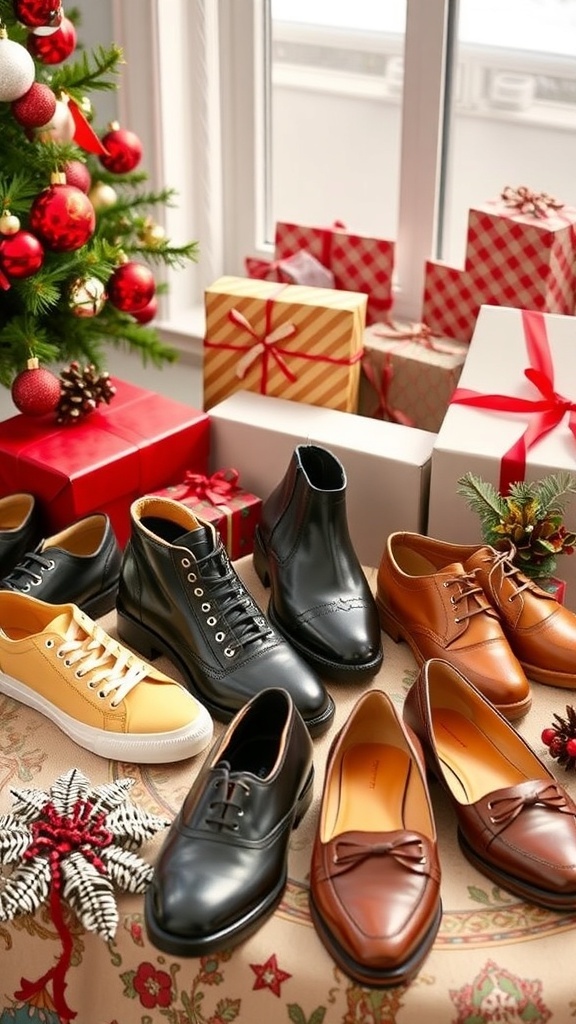 Stylish Shoe Gift Ideas for Christmas A selection of stylish shoes including sneakers, boots, and dress shoes displayed with Christmas decorations.